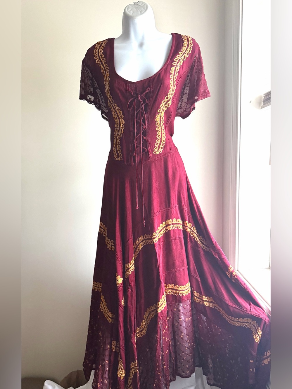 NWT Renaissance Embroidered Lace Dress Boho Fairycore Drawstring Elastic Sz S-L